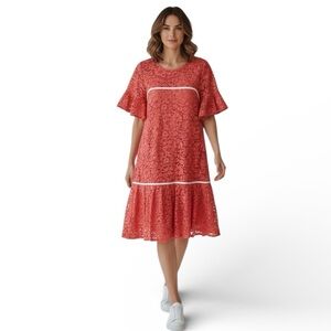 Sfizio Cotton Bell Sleeve Coral Pink Lace Midi Dress S 4 Made in Italy Rare